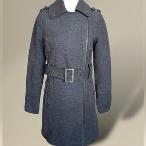 Ellen Tracy Charcoal Military Trench Overcoat Side Full Zip Belted Pea Coat Sz M